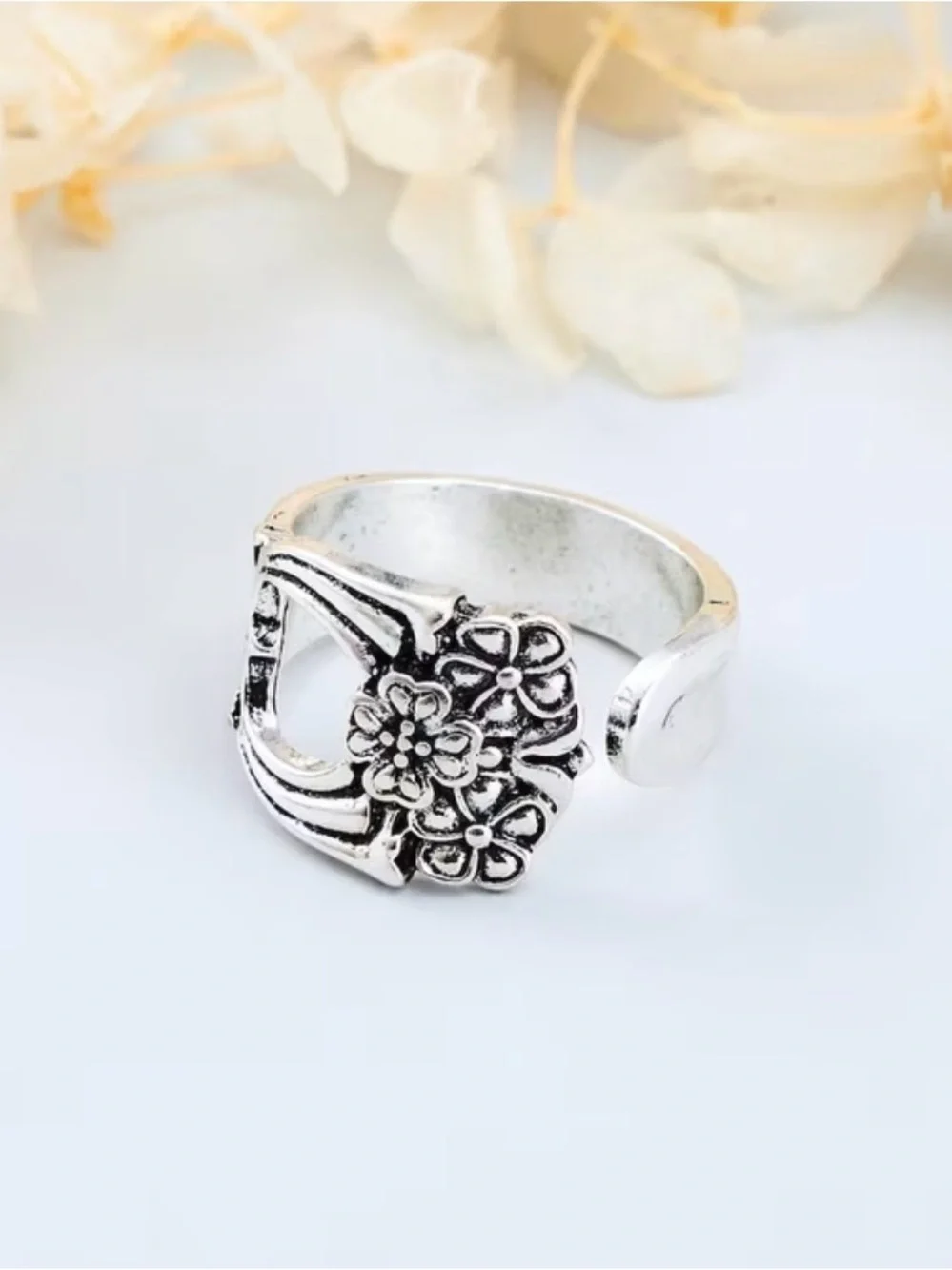 Western Ring Silver Floral Statement Ring - Silver Adjustable